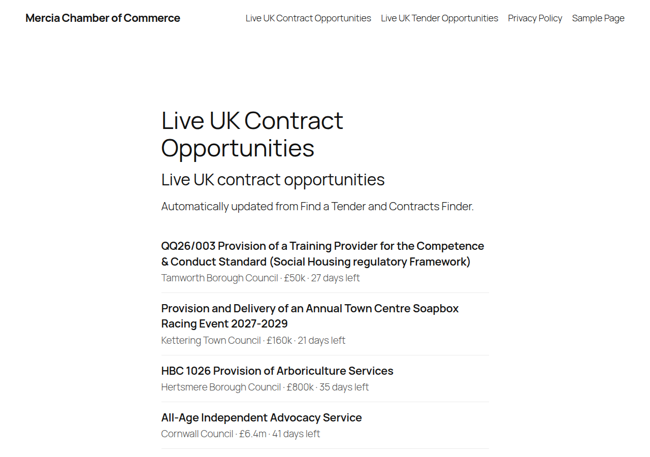 The Tendersift widget showing live UK contracts with buyer, value and days remaining